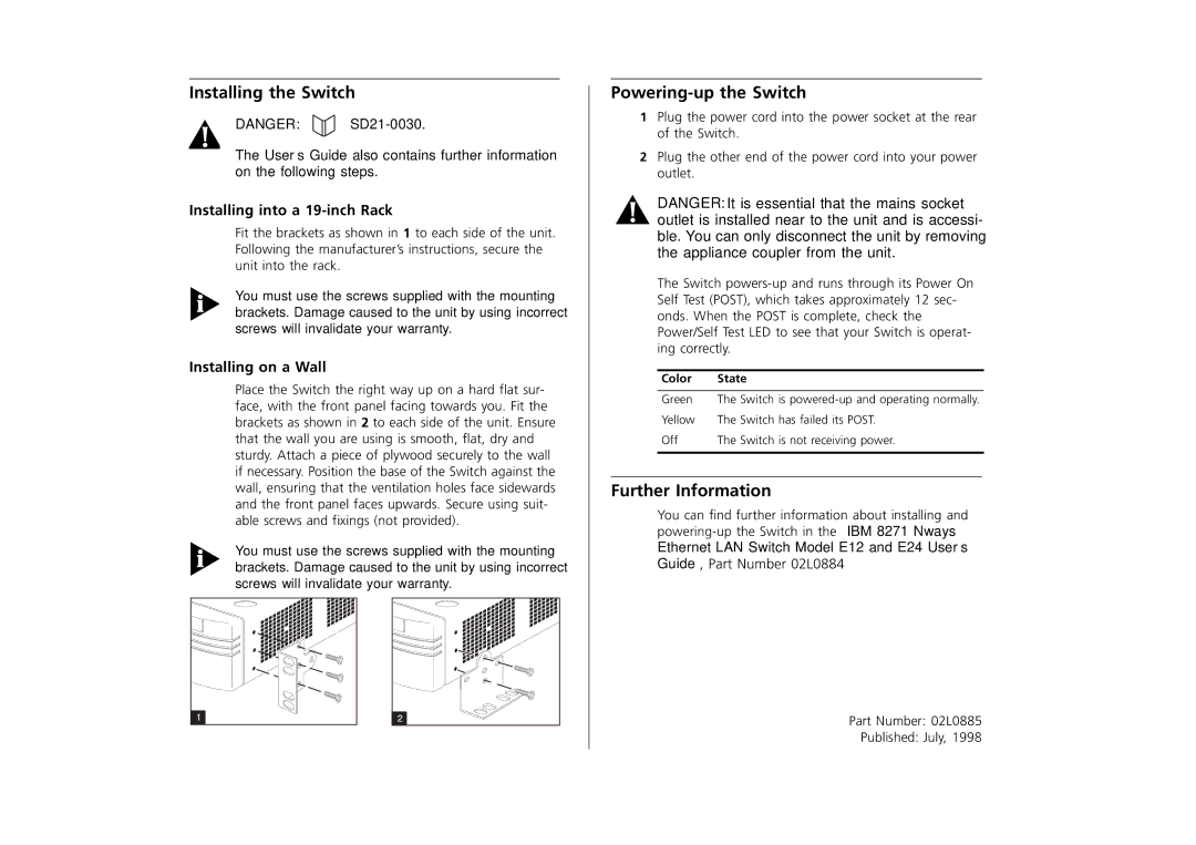 IBM E12, E24 manual Installing the Switch, Powering-up the Switch, Further Information, Installing into a 19-inch Rack 