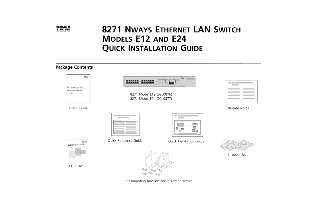 IBM manual Package Contents, NWAYS ETHERNET LAN SWITCH MODELS E12 AND E24, Quick Installation Guide, Release Notes 