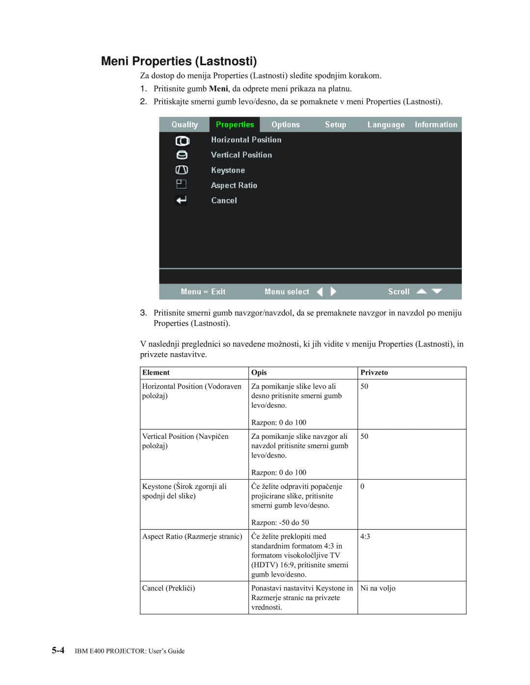 IBM manual Meni Properties Lastnosti, IBM E400 PROJECTOR User’s Guide 