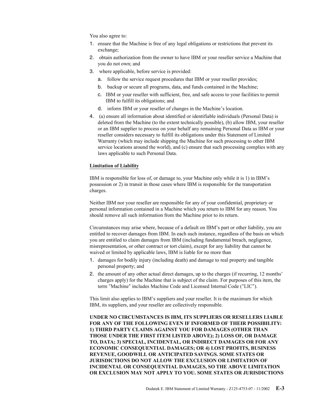 IBM E400 manual Limitation of Liability 