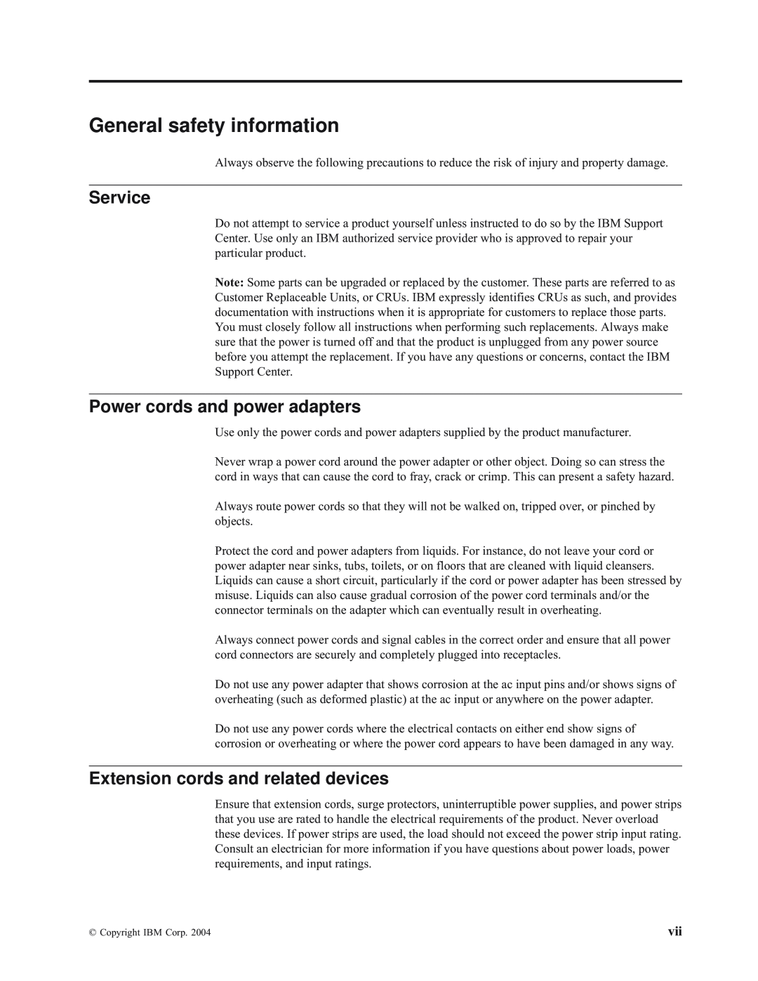 IBM E400 manual General safety information, Service, Power cords and power adapters, Extension cords and related devices 
