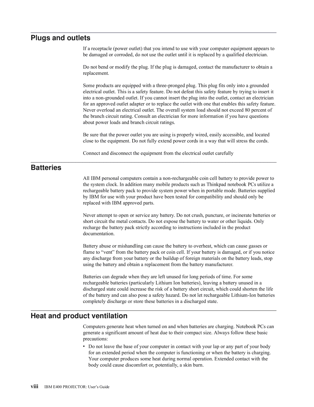 IBM E400 manual Plugs and outlets, Batteries, Heat and product ventilation 