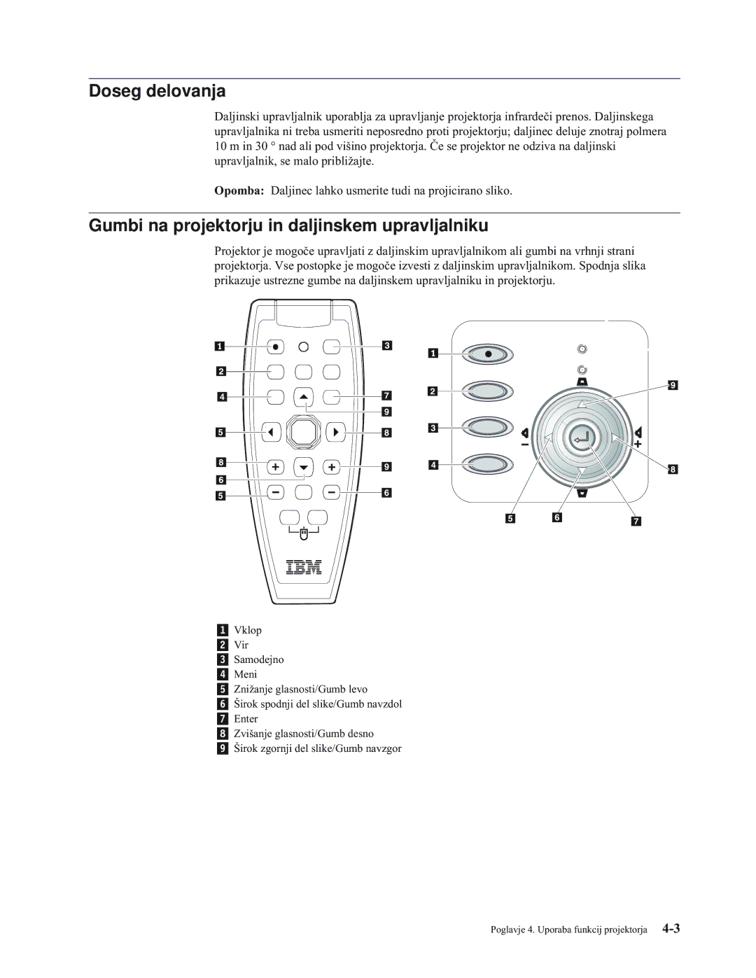 IBM E400 manual Doseg delovanja, Gumbi na projektorju in daljinskem upravljalniku 