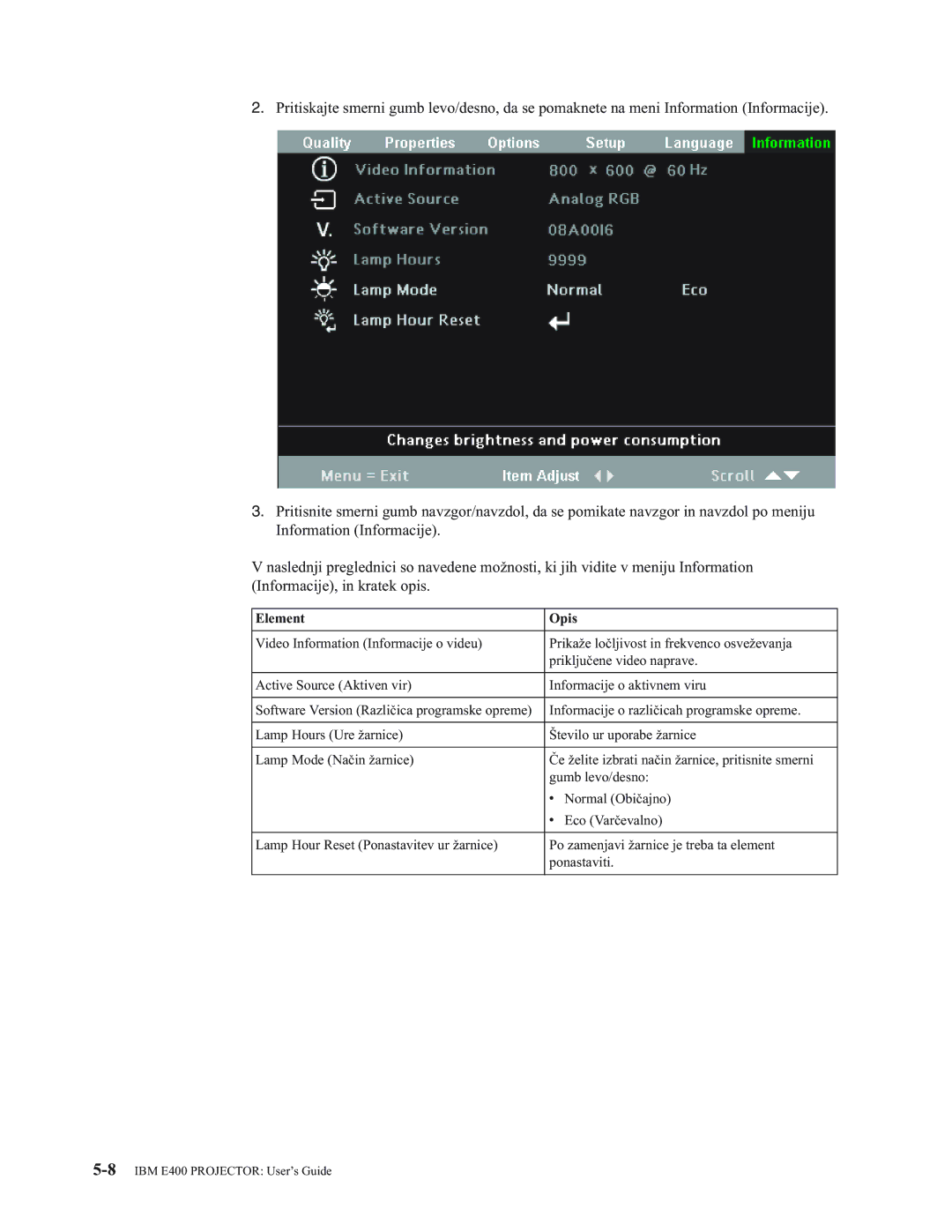 IBM E400 manual Element Opis 