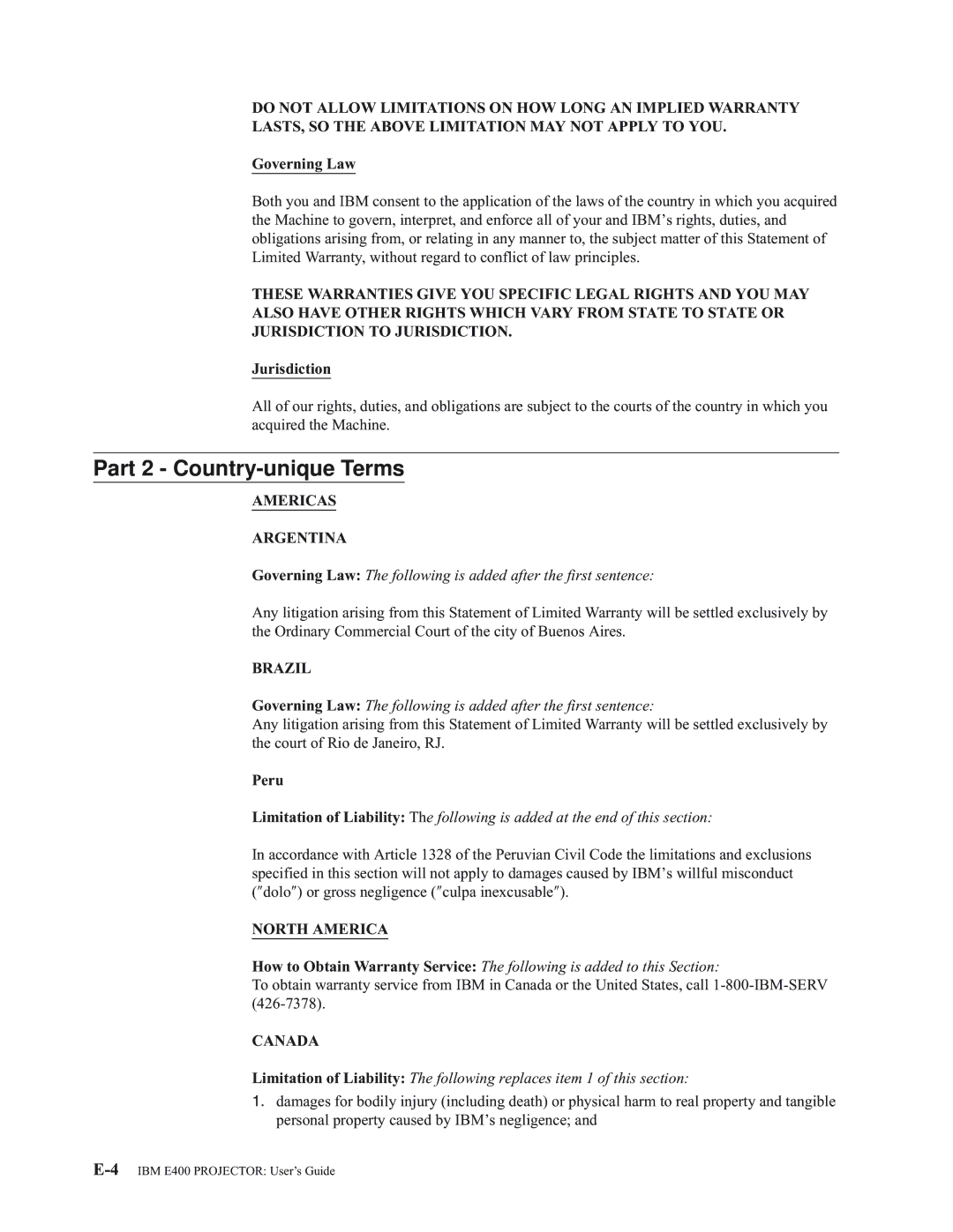 IBM E400 manual Part 2 Country-unique Terms, Americas Argentina, Brazil, North America, Canada 