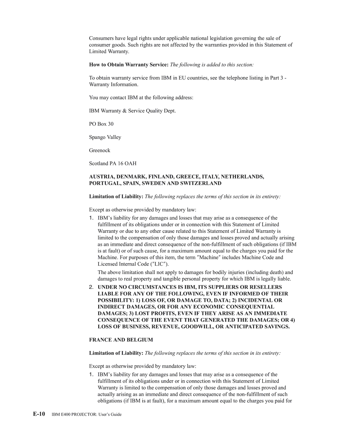 IBM manual 10IBM E400 Projector User’s Guide 