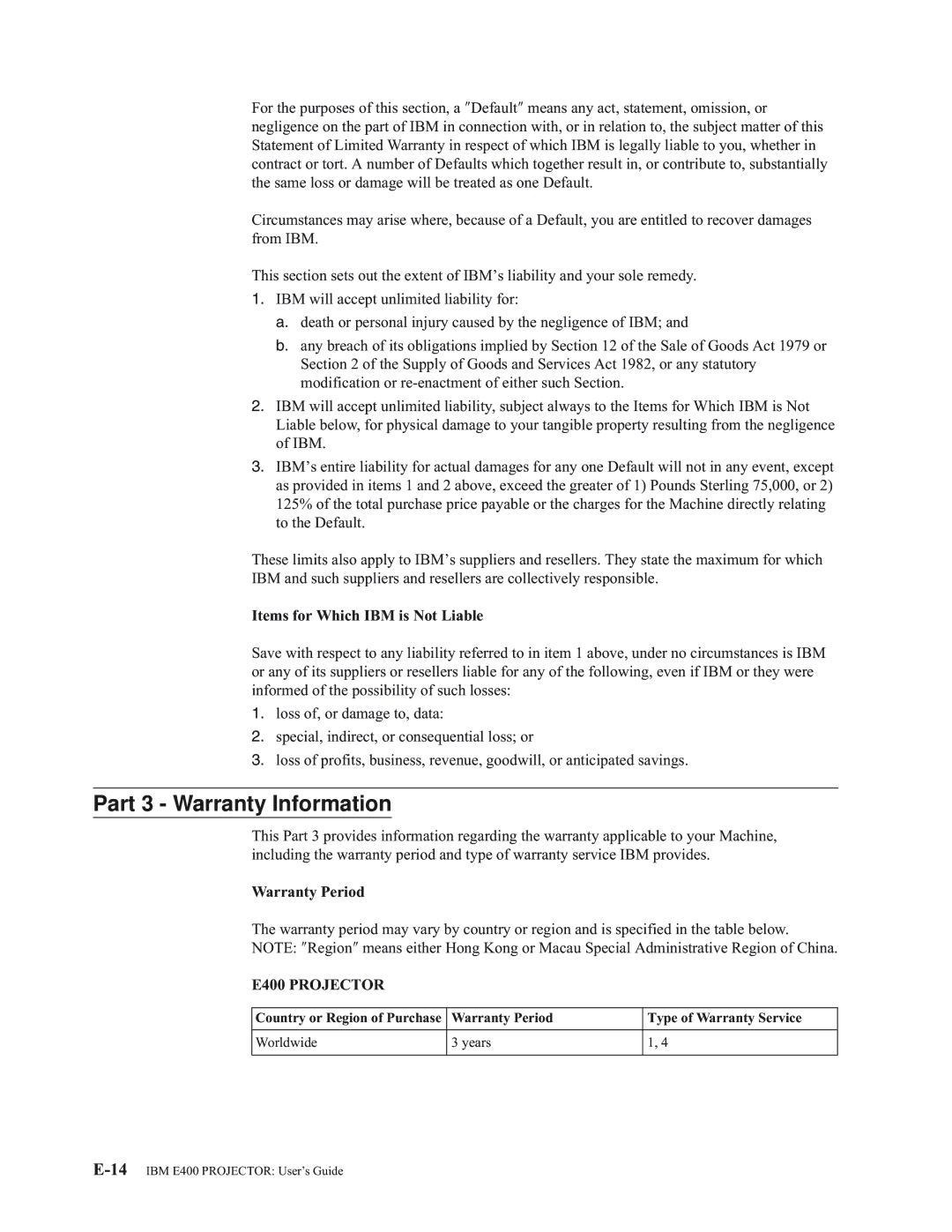 IBM manual Part 3 Warranty Information, Warranty Period, E400 Projector 