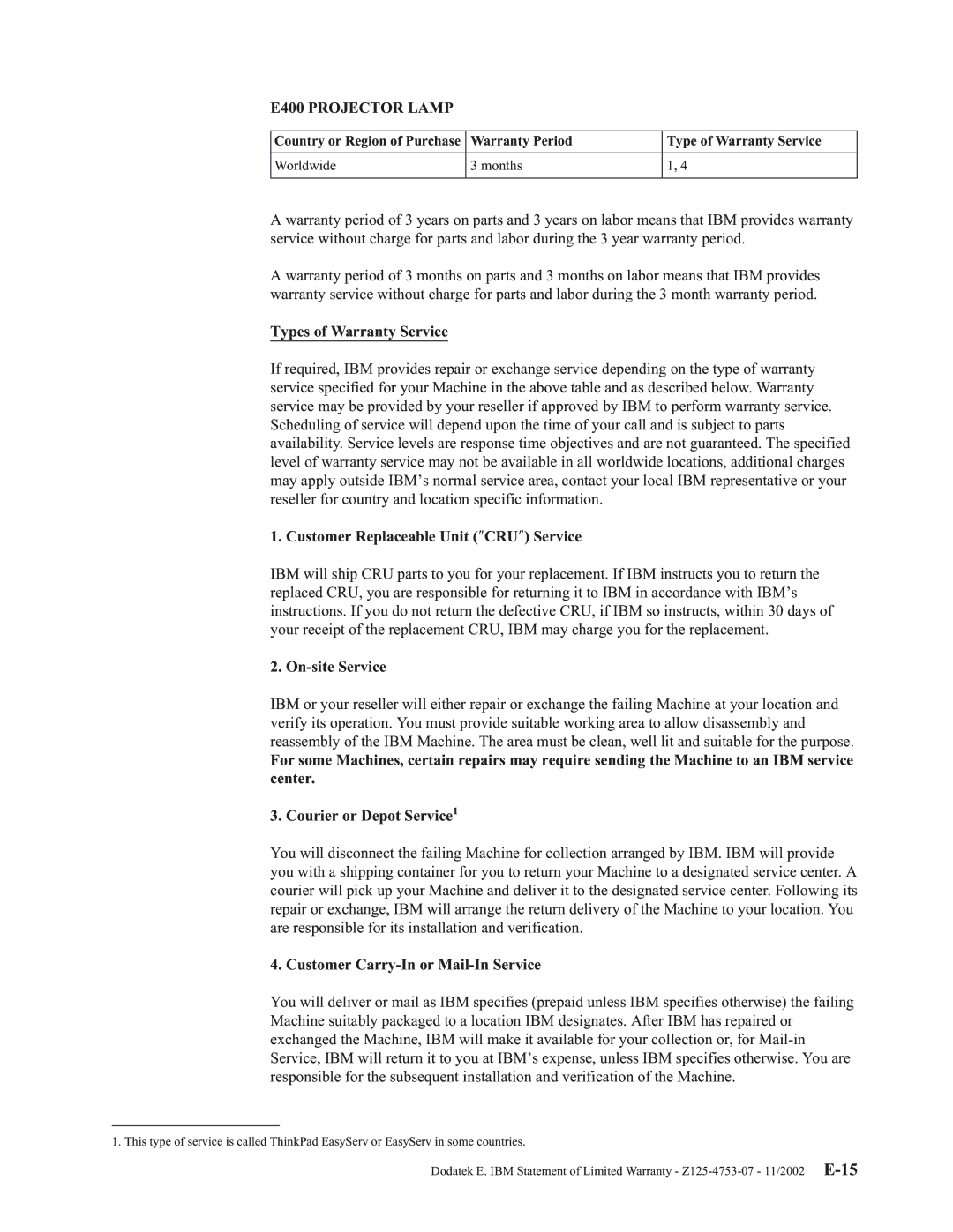 IBM manual E400 Projector Lamp, Types of Warranty Service, Customer Replaceable Unit ″CRU″ Service, On-site Service 