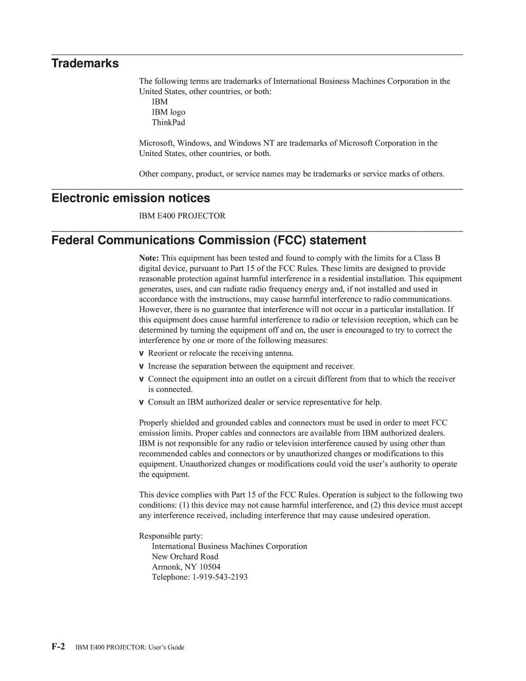 IBM E400 manual Trademarks, Electronic emission notices, Federal Communications Commission FCC statement 