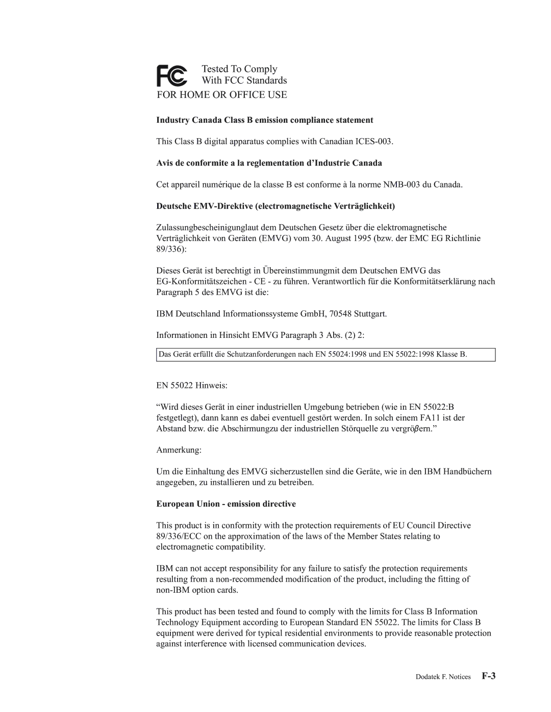 IBM E400 Industry Canada Class B emission compliance statement, Avis de conformite a la reglementation d’Industrie Canada 