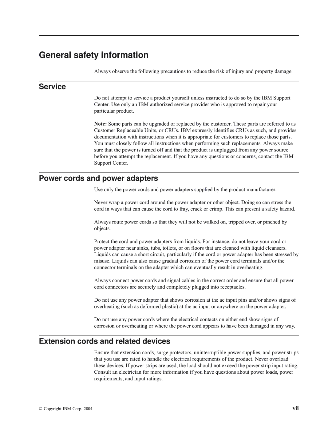 IBM E400 manual General safety information, Service, Power cords and power adapters, Extension cords and related devices 