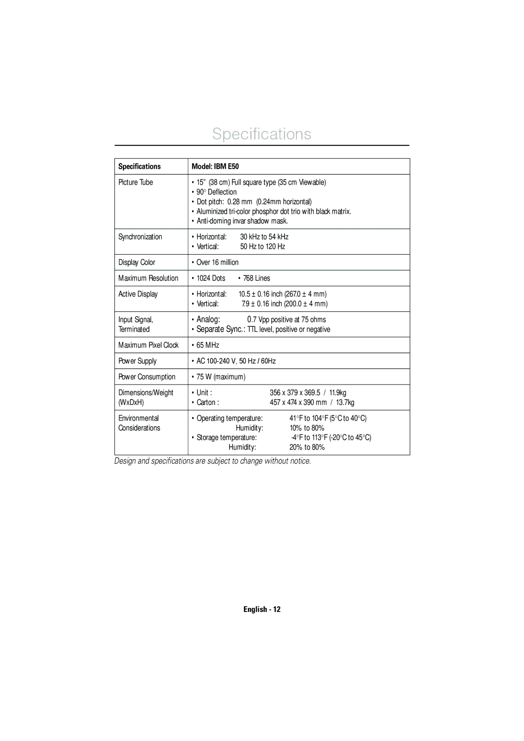 IBM manual Specifications Model IBM E50 