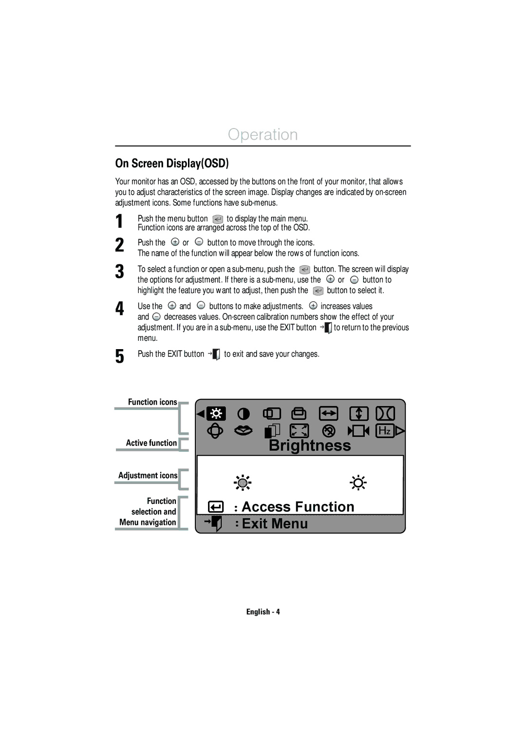 IBM E50 manual Operation, On Screen DisplayOSD, Function icons Active function, Adjustment icons 