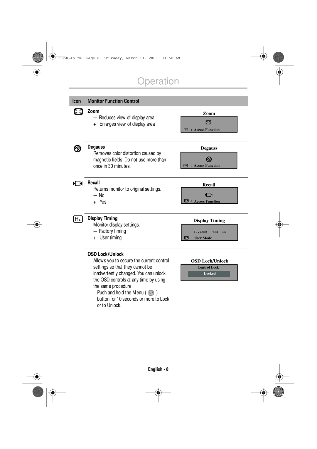 IBM E50 manual Icon Monitor Function Control Zoom, Degauss, Recall, Display Timing, OSD Lock/Unlock 