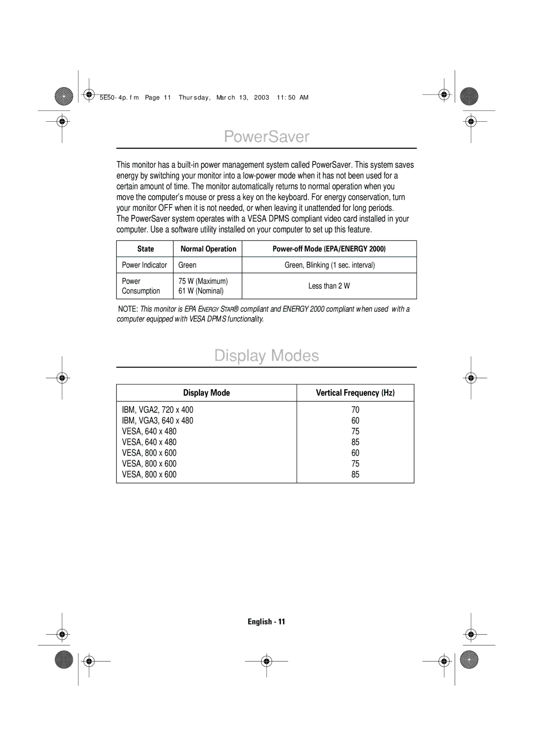 IBM E50 manual PowerSaver, Display Modes 