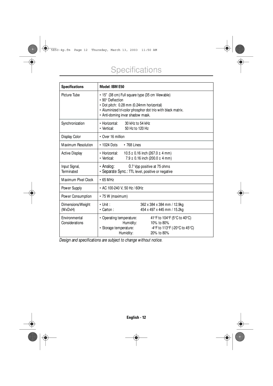 IBM manual Speciﬁcations Model IBM E50 