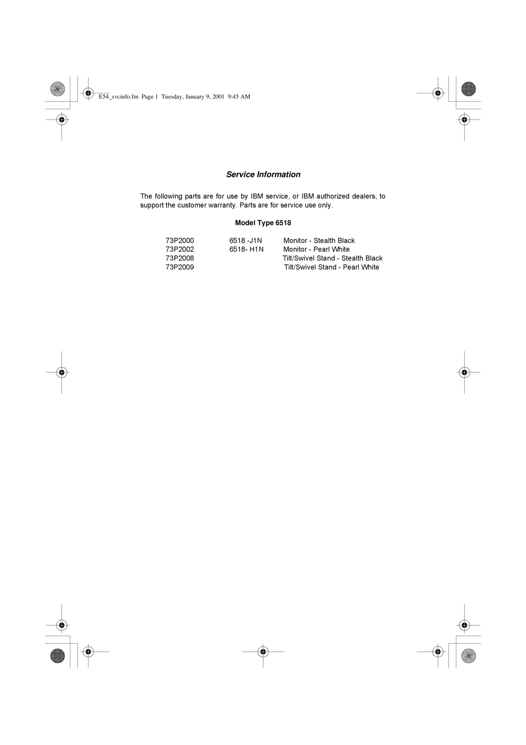 IBM E50 manual Service Information 