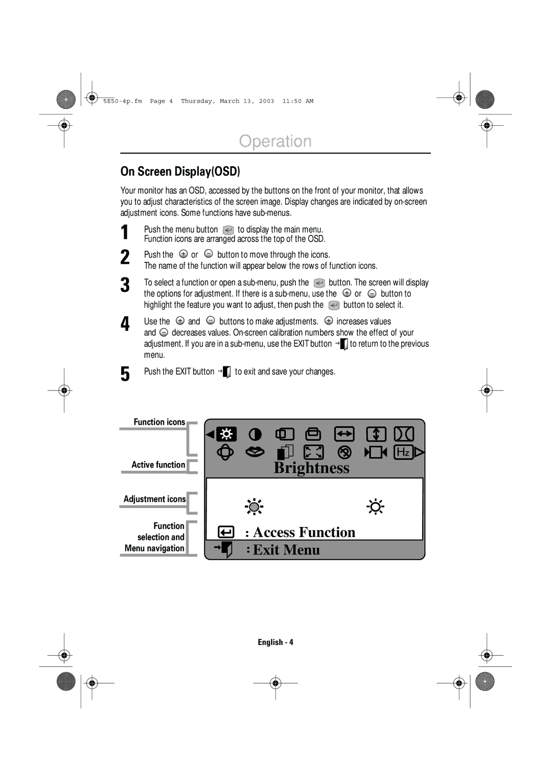 IBM E50 manual Operation, Function icons Active function, Adjustment icons 