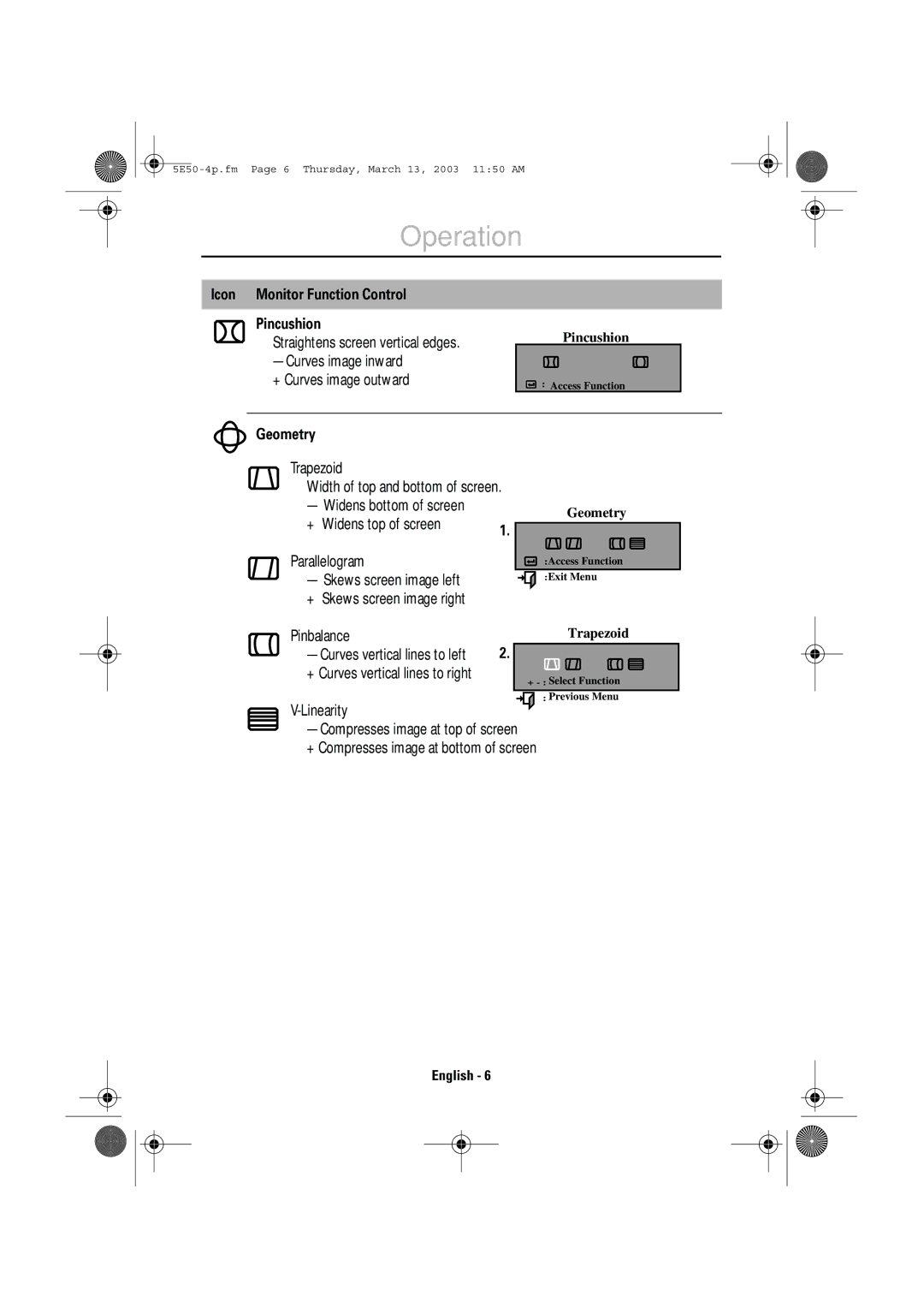 IBM E50 manual Icon Monitor Function Control Pincushion, Geometry, Pinbalance 