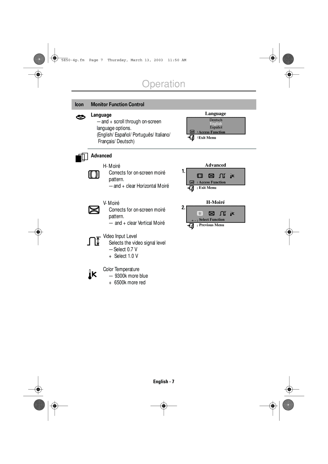 IBM E50 manual Icon Monitor Function Control Language, Advanced 