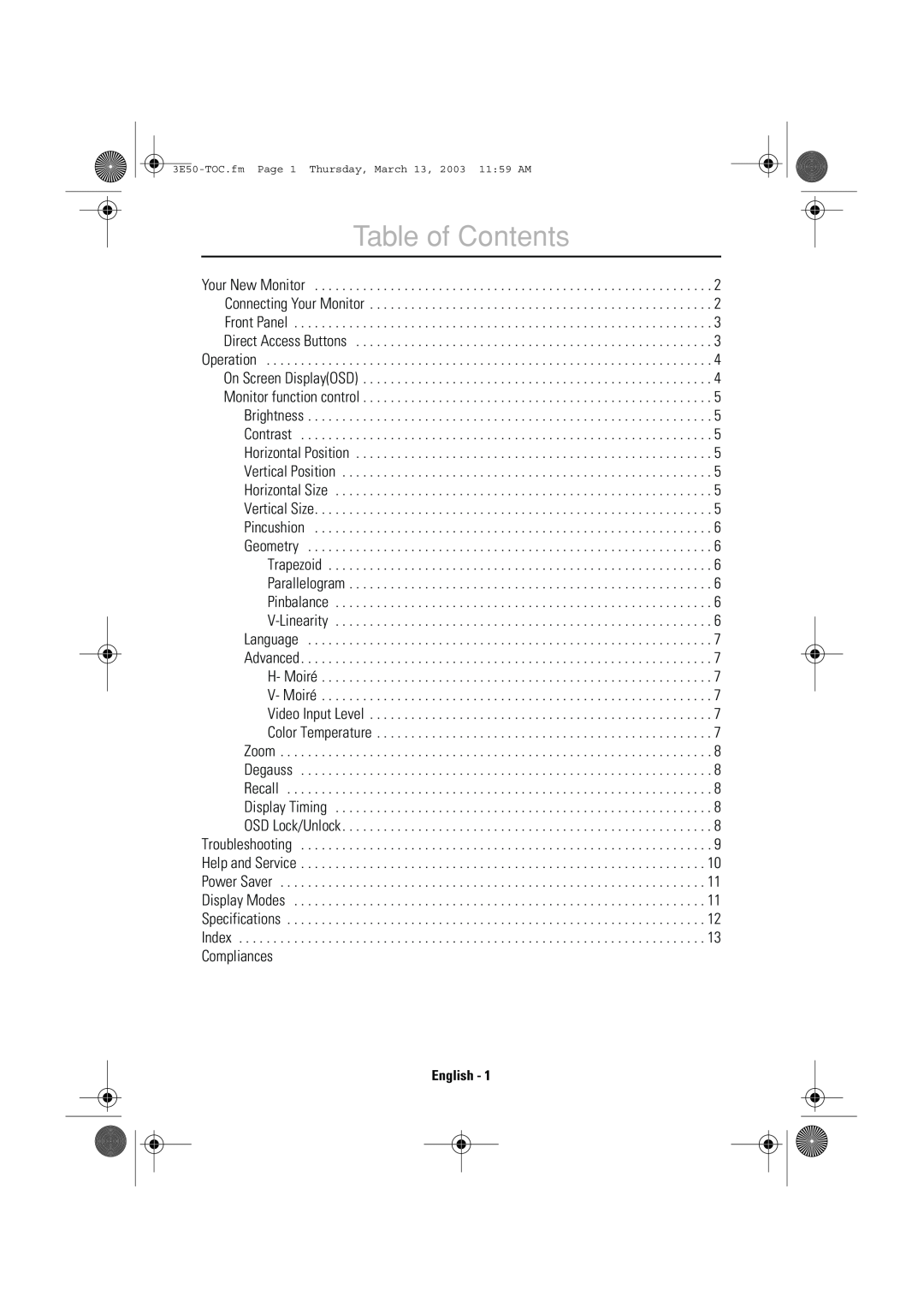 IBM E50 manual Table of Contents, Italiano Portuguese Deutsch Español Français English 