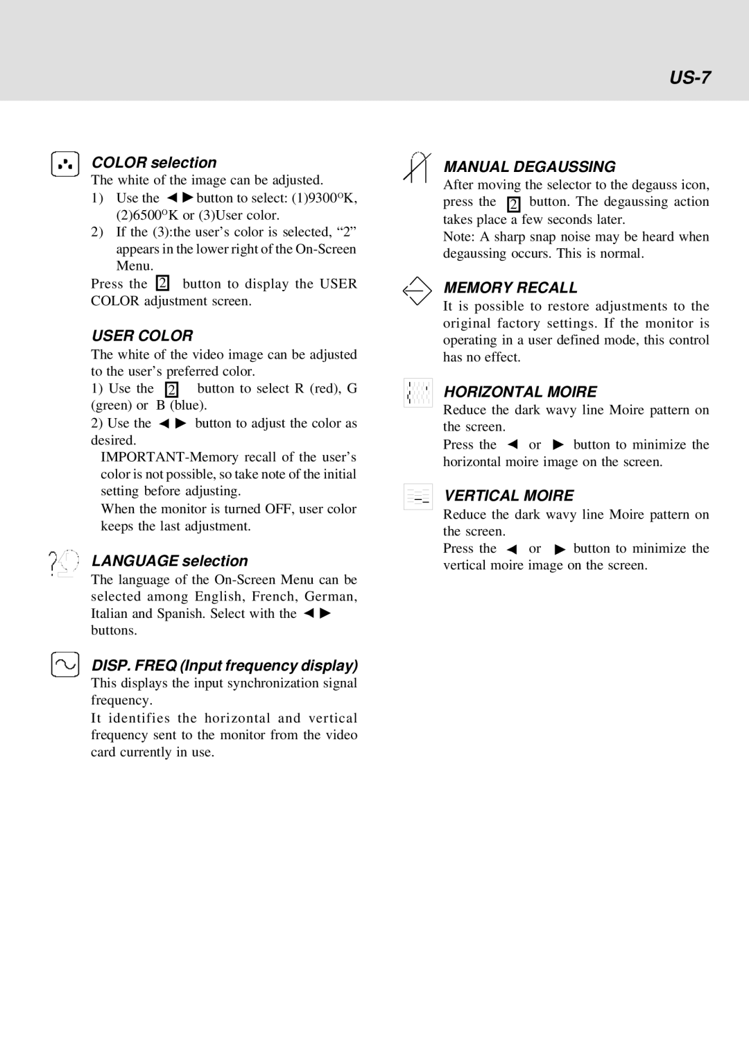 IBM E54 US-7, Color selection, White of the image can be adjusted, Language selection, DISP. Freq Input frequency display 