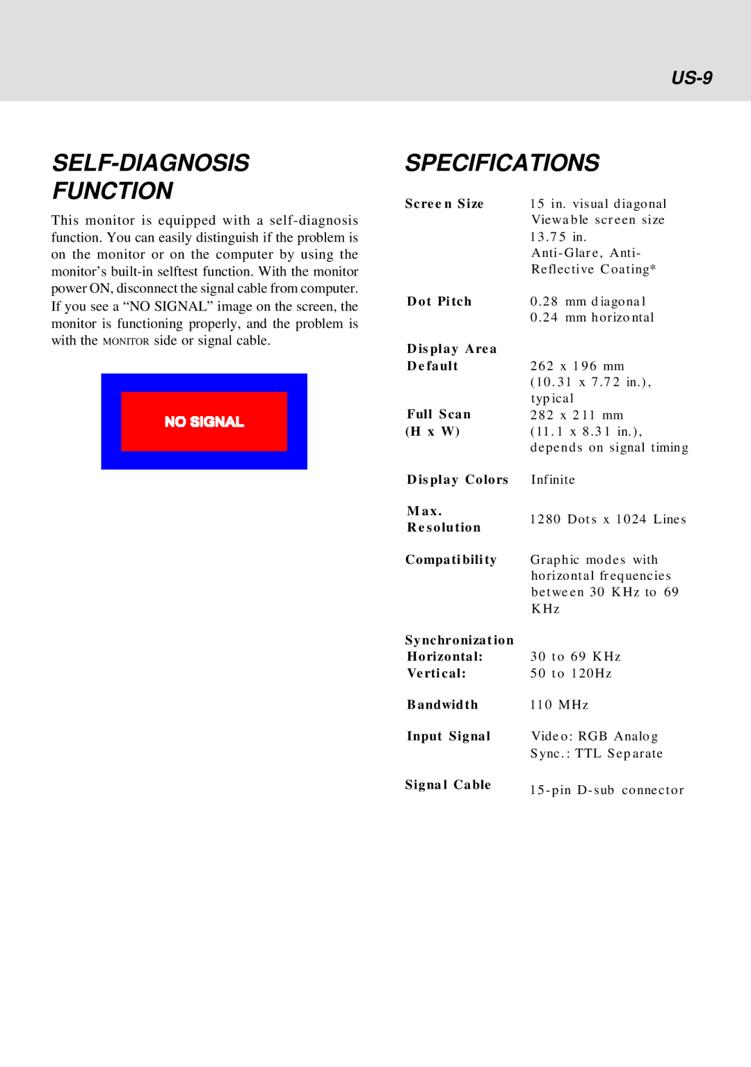 IBM E54 operating instructions SELF-DIAGNOSIS Function, Specifications, US-9 