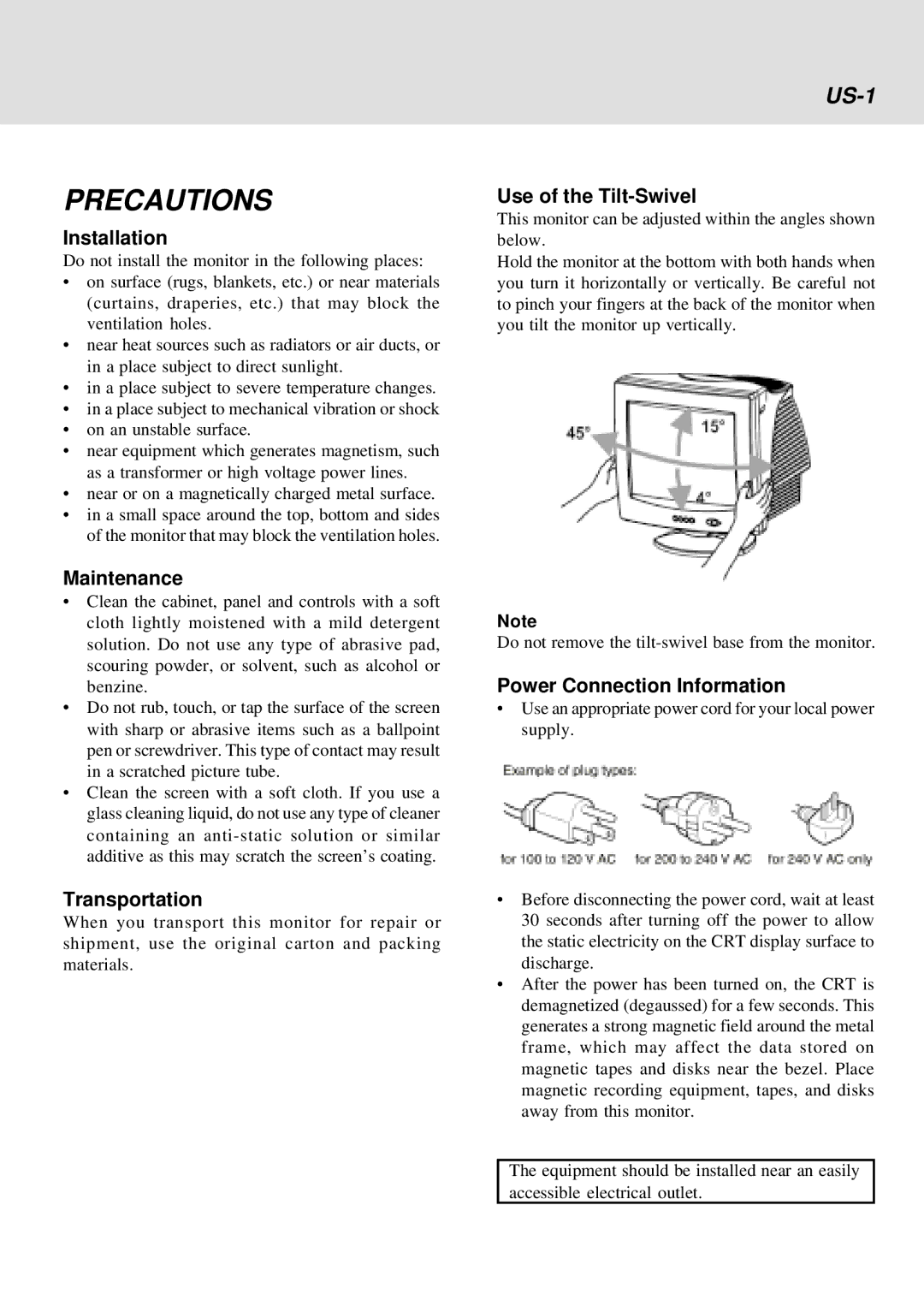 IBM E54 operating instructions Precautions, US-1 