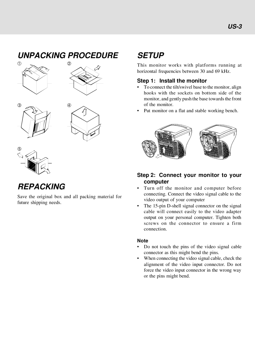 IBM E54 Unpacking Procedure Setup, Repacking, US-3, Install the monitor, Connect your monitor to your computer 