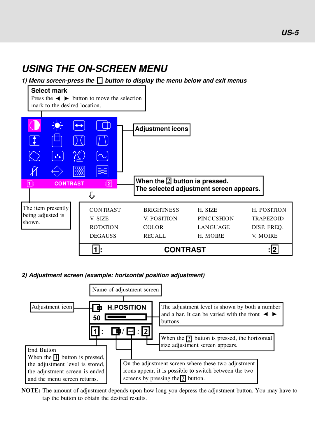 IBM E54 operating instructions Using the ON-SCREEN Menu, US-5, Select mark, Adjustment icons 