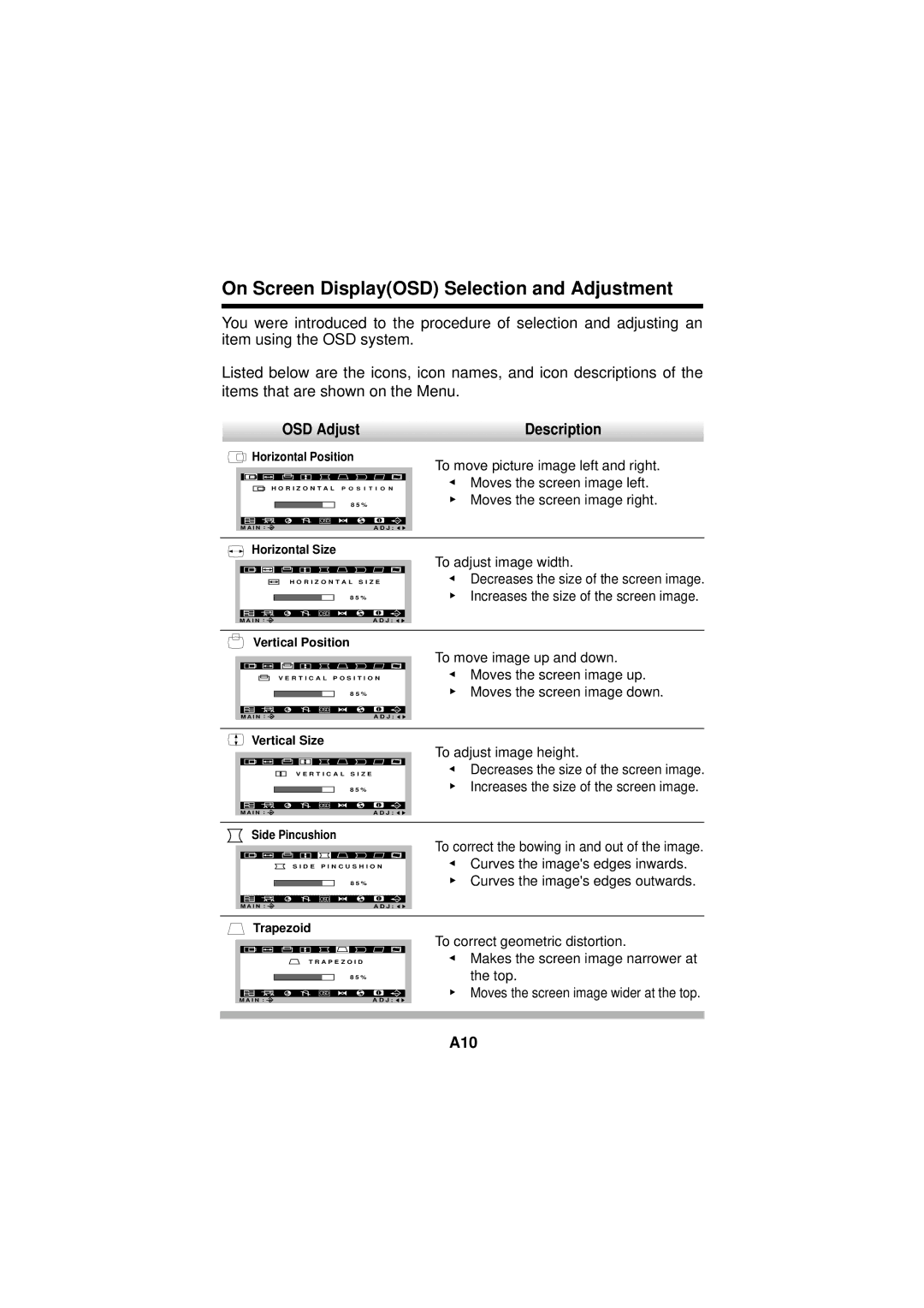 IBM E74M manual On Screen DisplayOSD Selection and Adjustment, OSD Adjust, A10 