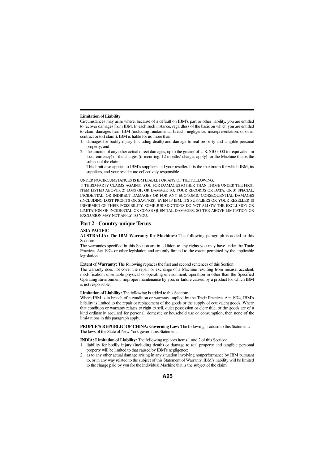 IBM E74M manual A25, Limitation of Liability 