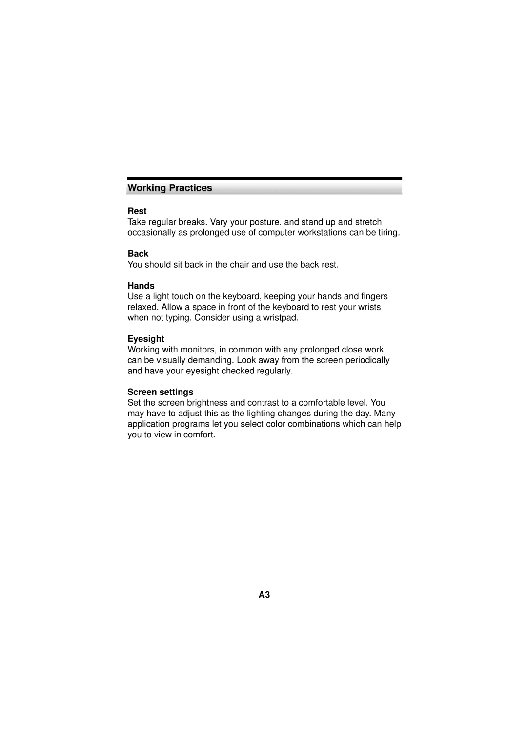 IBM E74M manual Rest, Back, Hands, Eyesight, Screen settings 