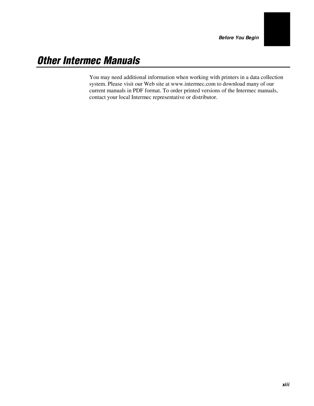 IBM EasyCoder 3400e user manual Other Intermec Manuals, Before You Begin, xiii 