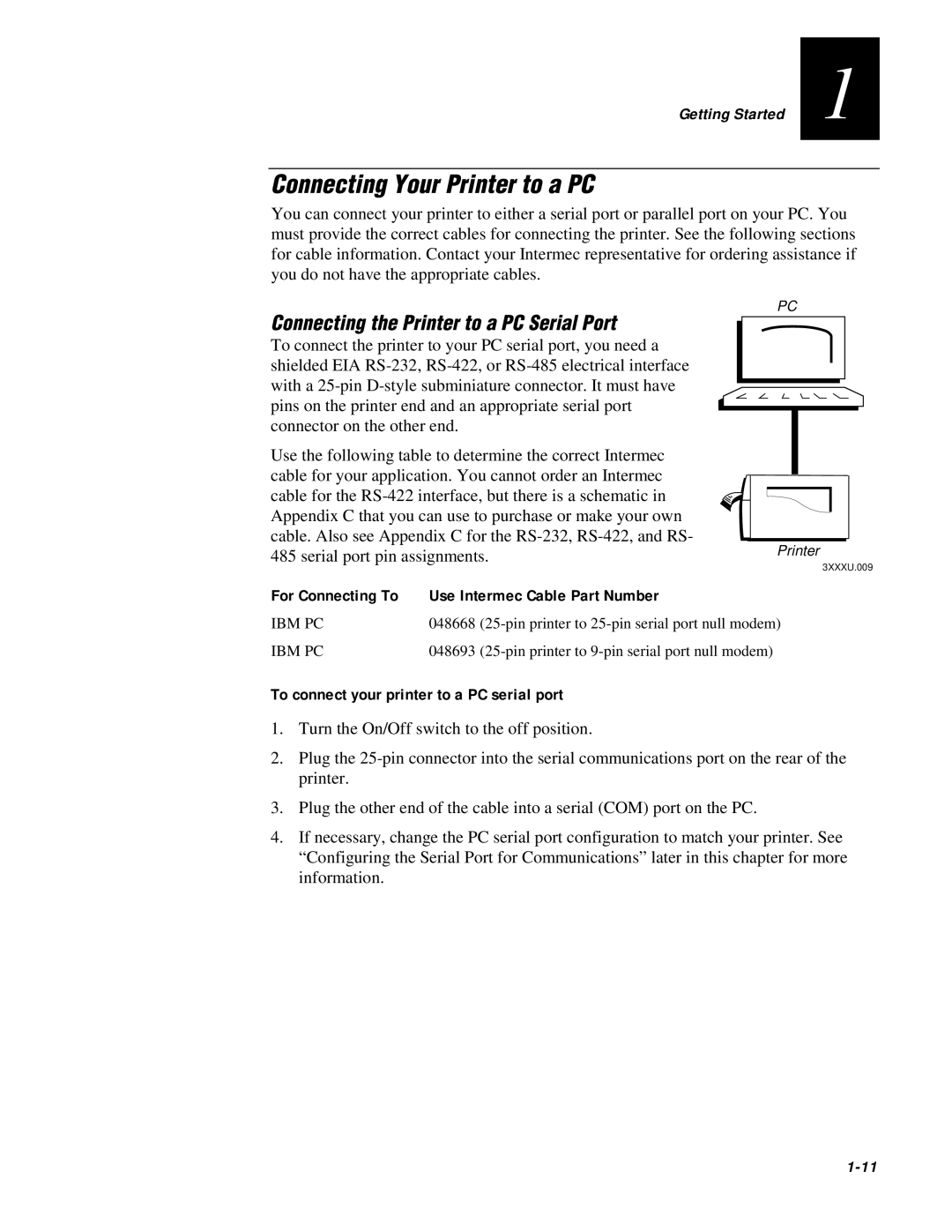 IBM EasyCoder 3400e user manual Connecting Your Printer to a PC, Connecting the Printer to a PC Serial Port, 1-11 