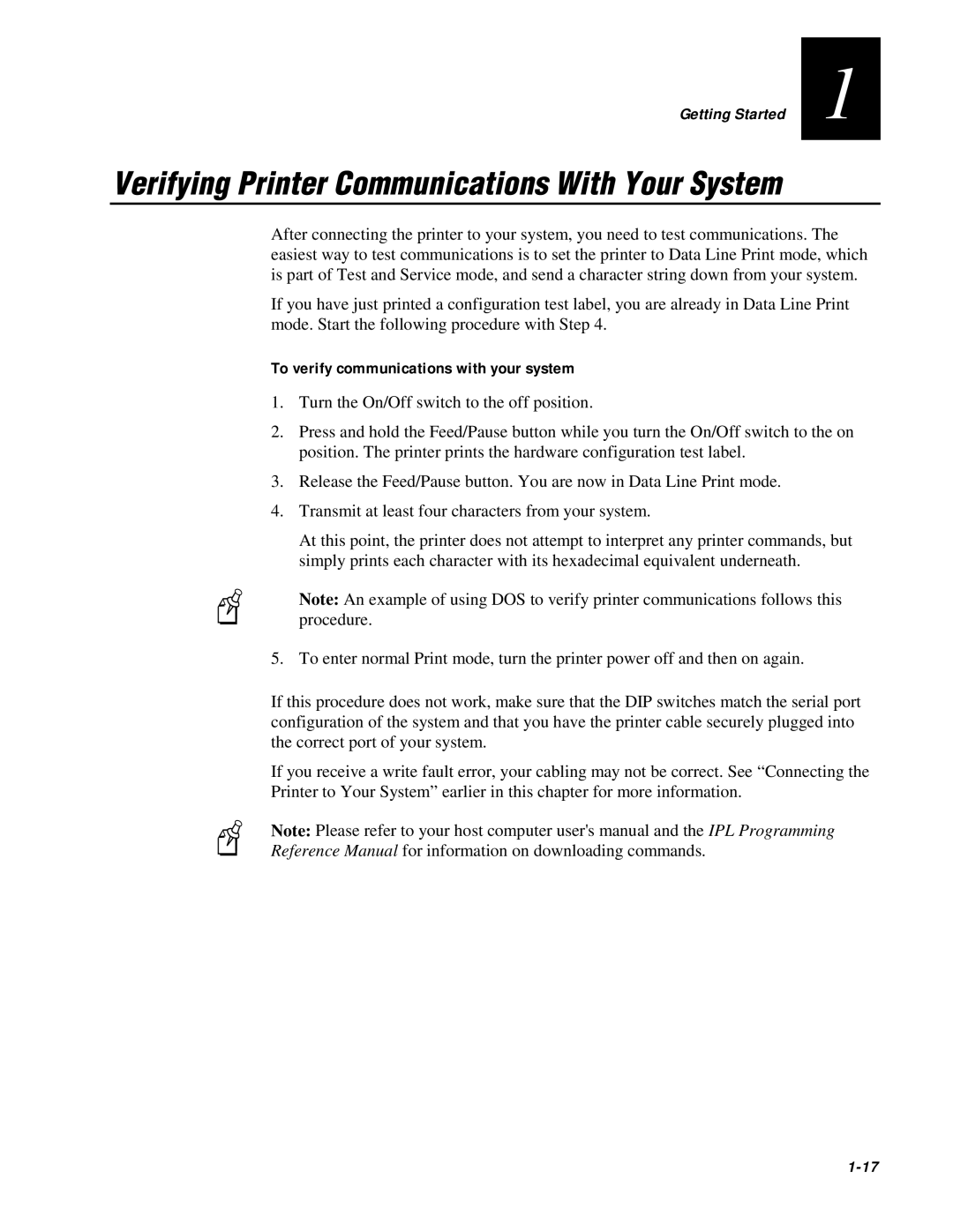 IBM EasyCoder 3400e Verifying Printer Communications With Your System, To verify communications with your system, 1-17 