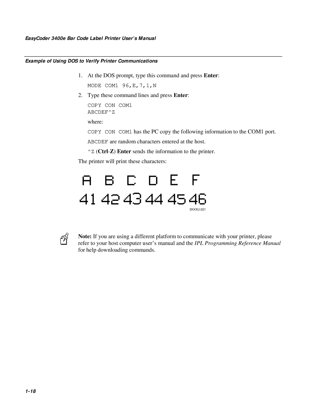 IBM EasyCoder 3400e Bar Code Label Printer User’s Manual, Example of Using DOS to Verify Printer Communications, 1-18 