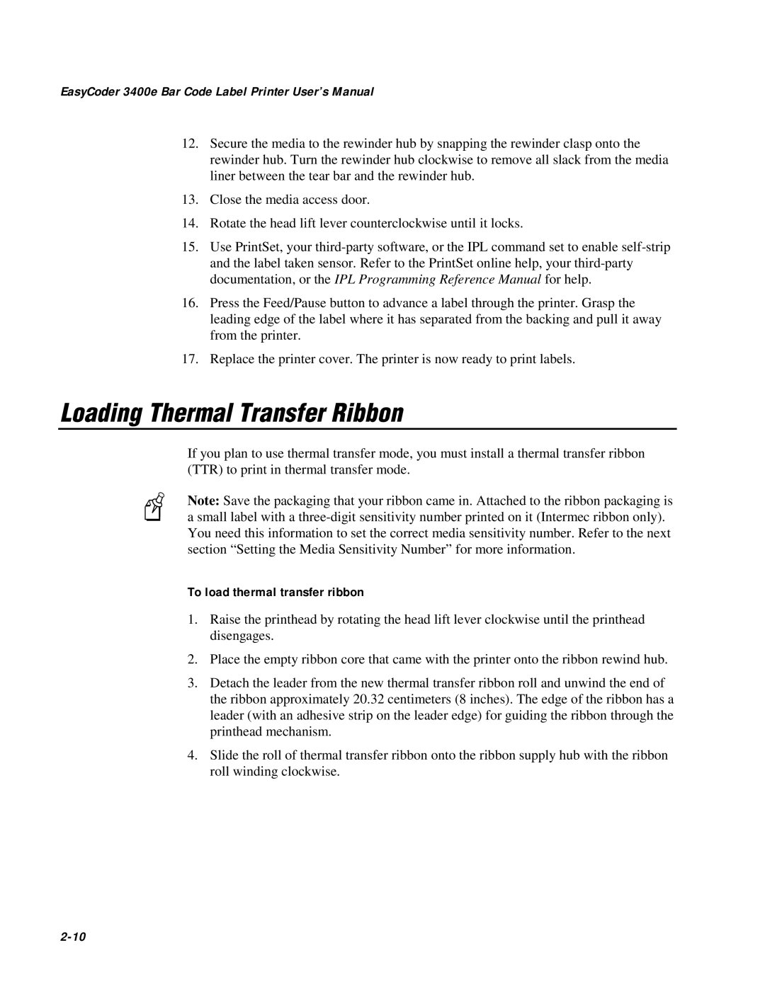 IBM user manual Loading Thermal Transfer Ribbon, EasyCoder 3400e Bar Code Label Printer User’s Manual, 2-10 