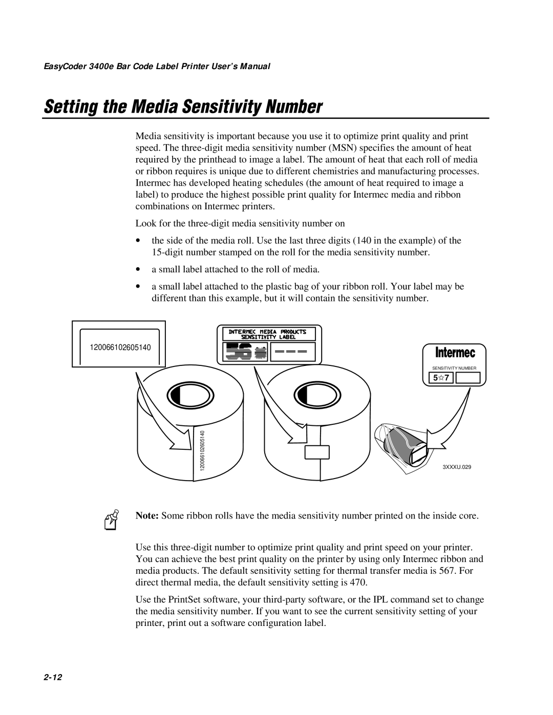 IBM user manual Setting the Media Sensitivity Number, EasyCoder 3400e Bar Code Label Printer User’s Manual, 2-12 