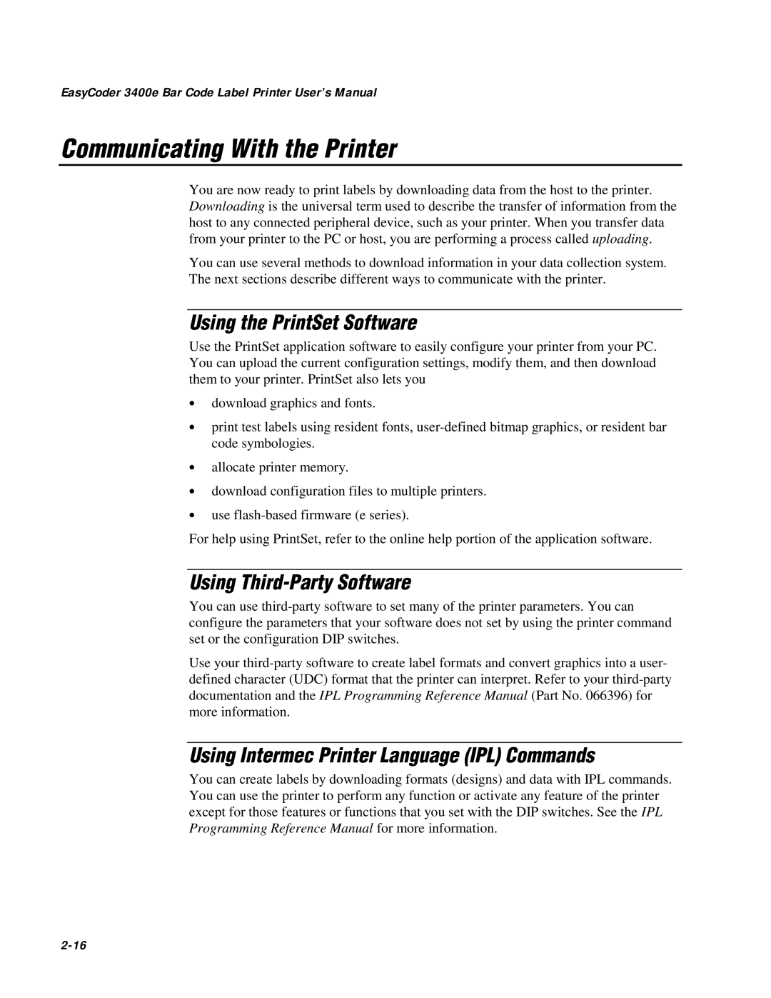 IBM EasyCoder 3400e Communicating With the Printer, Using the PrintSet Software, Using Third-Party Software, 2-16 