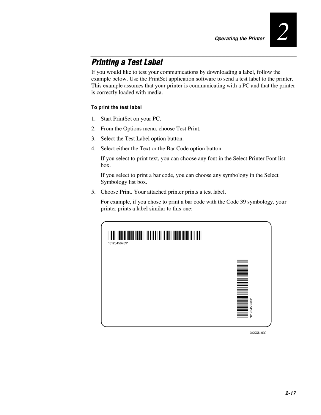 IBM EasyCoder 3400e user manual 0123456789, Printing a Test Label, To print the test label, 2-17 