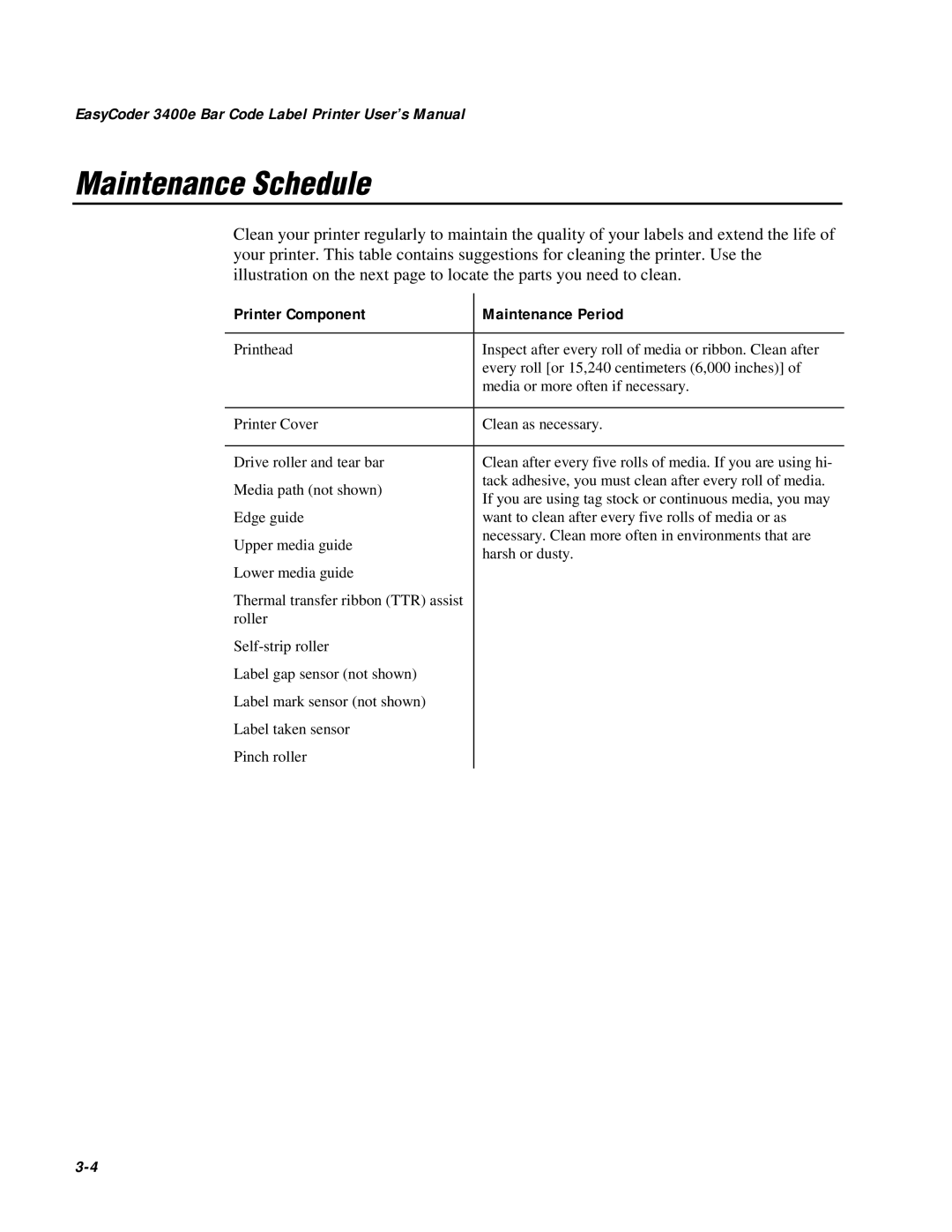 IBM Maintenance Schedule, EasyCoder 3400e Bar Code Label Printer User’s Manual, Printer Component, Maintenance Period 