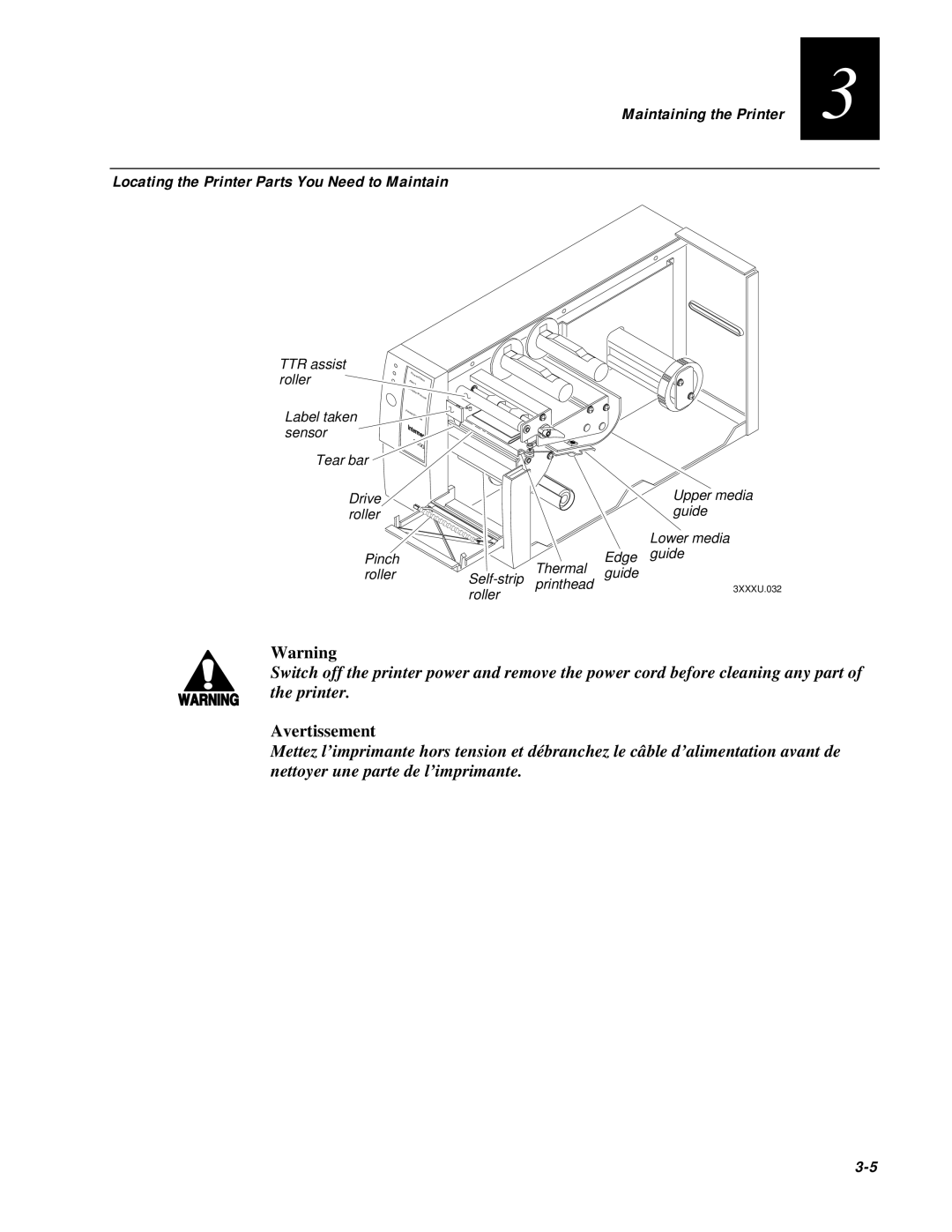IBM EasyCoder 3400e user manual Locating the Printer Parts You Need to Maintain, Avertissement, Pinch roller 