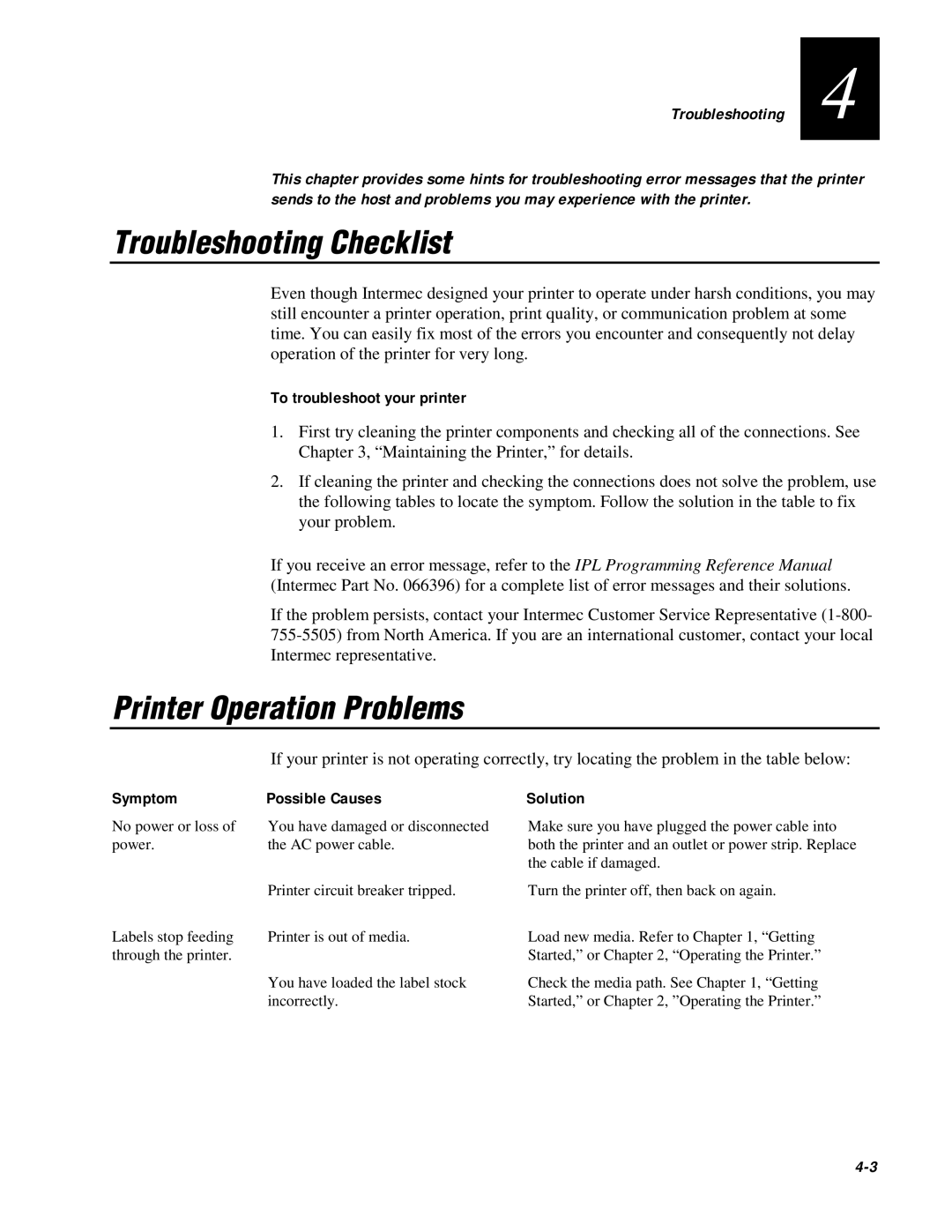 IBM EasyCoder 3400e Troubleshooting Checklist, Printer Operation Problems, To troubleshoot your printer, Symptom 