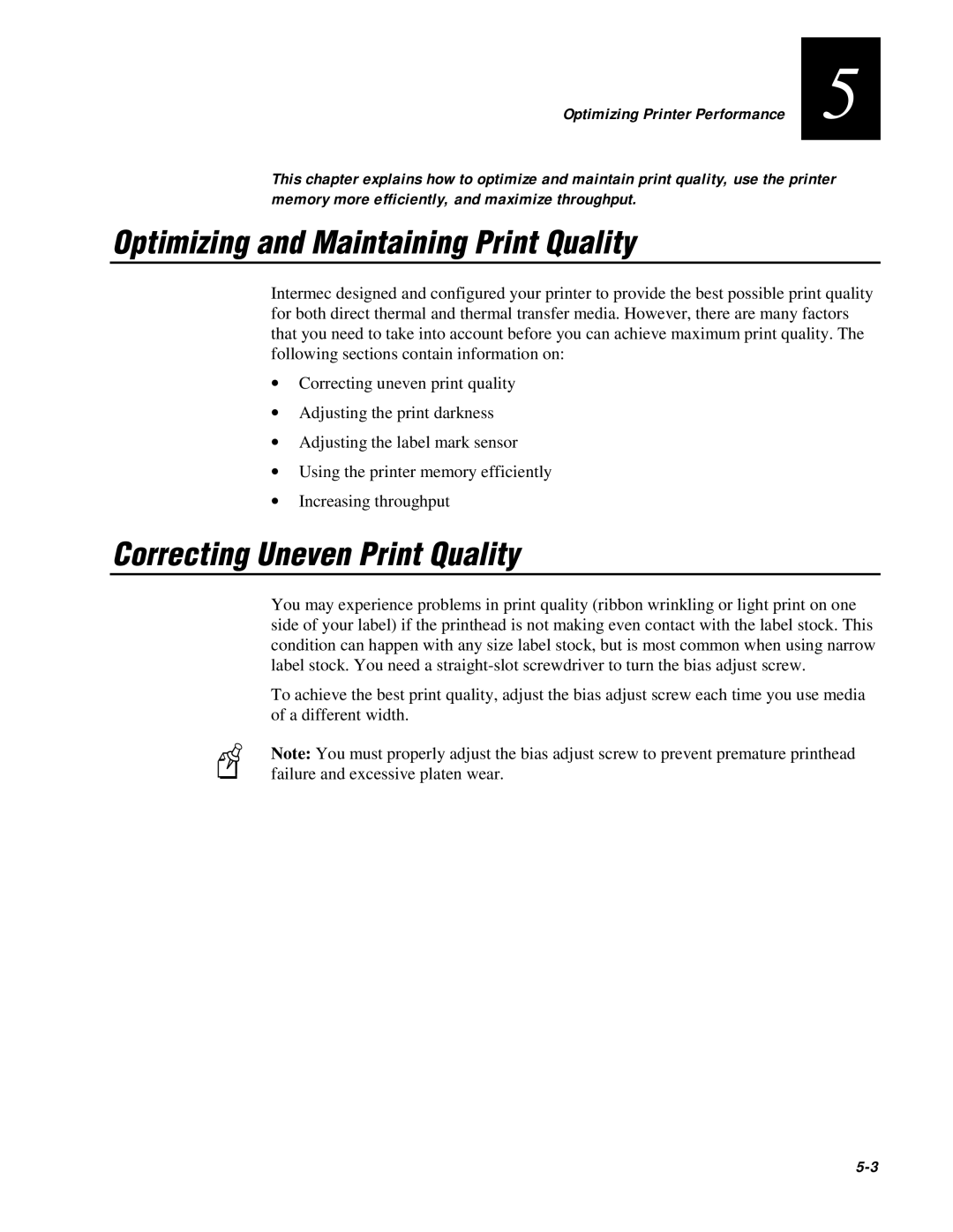 IBM EasyCoder 3400e user manual Optimizing and Maintaining Print Quality, Correcting Uneven Print Quality 