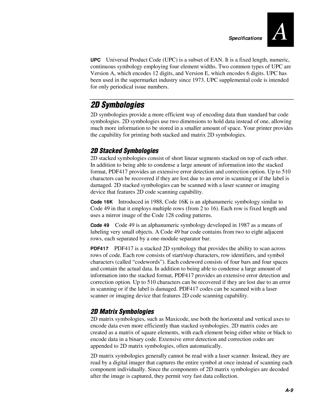 IBM EasyCoder 3400e user manual 2D Symbologies, 2D Stacked Symbologies, 2D Matrix Symbologies 