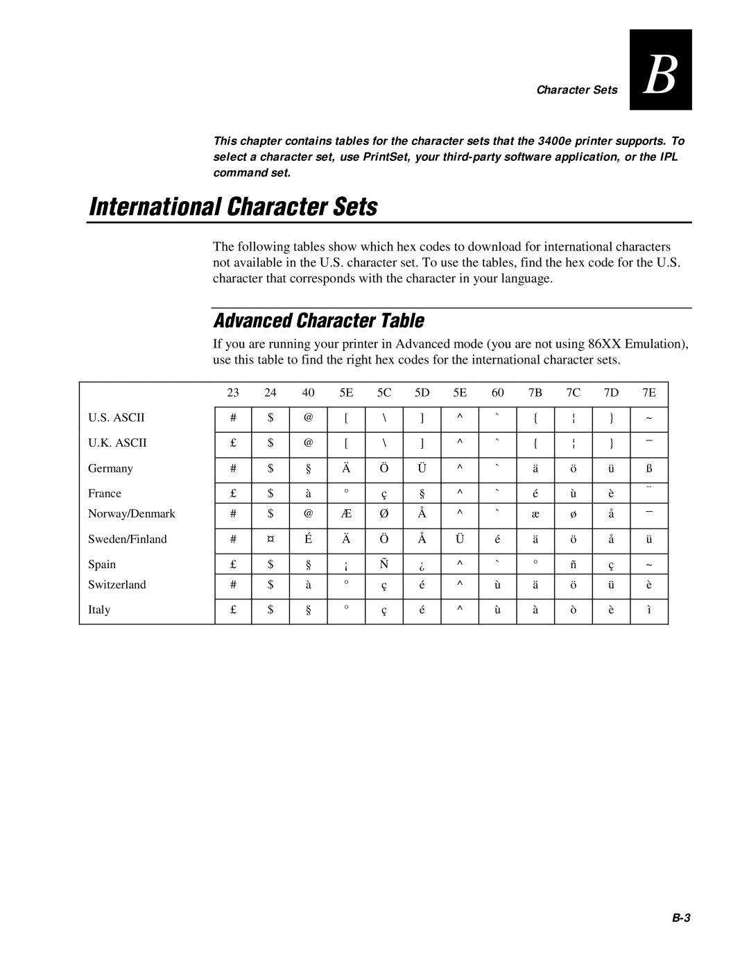 IBM EasyCoder 3400e user manual International Character Sets, Advanced Character Table 