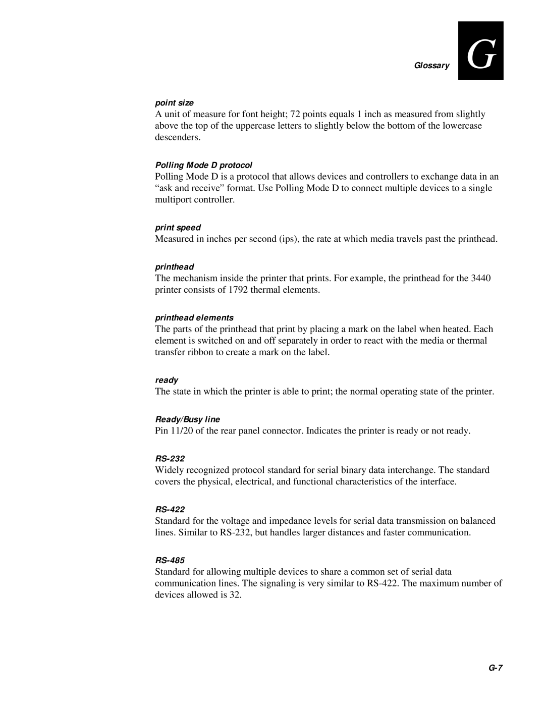 IBM EasyCoder 3400e Glossary G Point size, Polling Mode D protocol, Print speed, Printhead elements, Ready, RS-232 