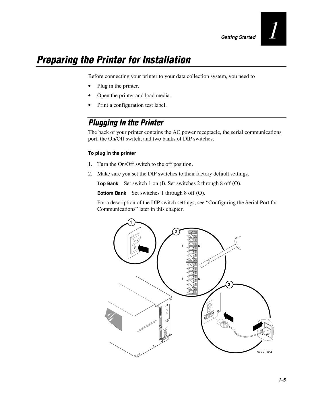 IBM EasyCoder 3400e user manual Preparing the Printer for Installation, Plugging In the Printer, To plug in the printer 