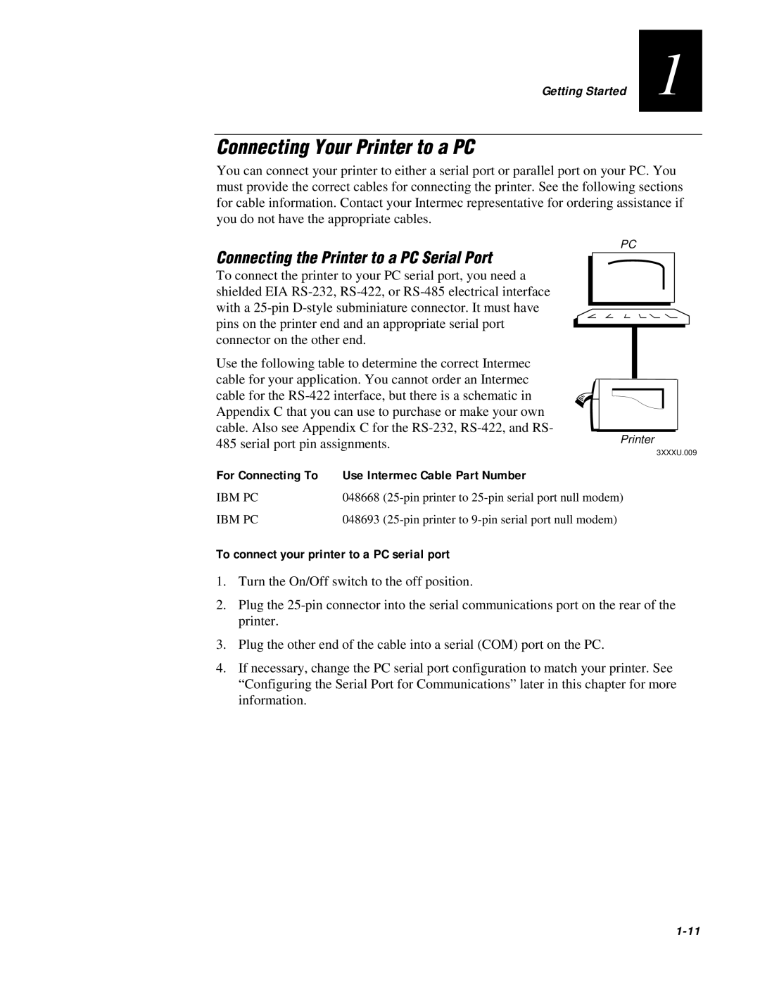 IBM EasyCoder 3400e user manual Connecting Your Printer to a PC, Connecting the Printer to a PC Serial Port 